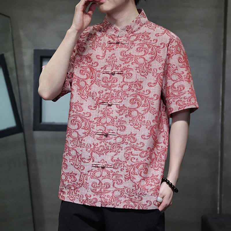 Buddha Stones Summer Floral Vine Pattern Tang Suit Men's Frog-Button Short Sleeve Shirt With Pockets