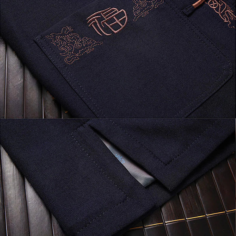 Buddha Stones Fu Character Embroidery Tang Suit Frog-Button Men's Long Sleeve Jacket Shirt Pants