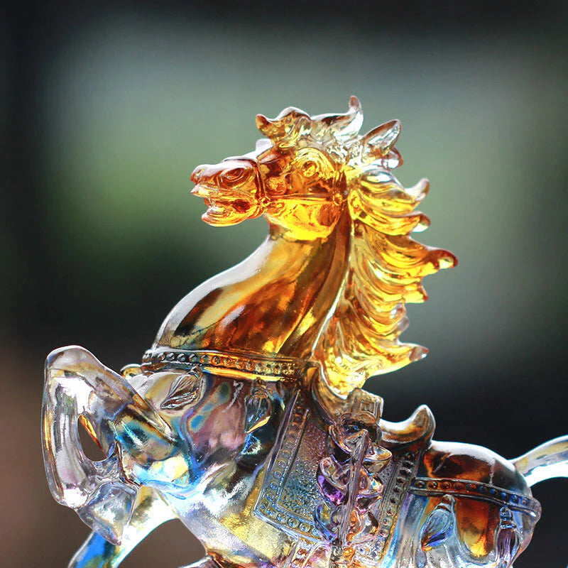 Buddha Stones Year Of The Horse Carved Ruyi Horse Liuli Crystal Art Piece Prosperity Home Office Decoration