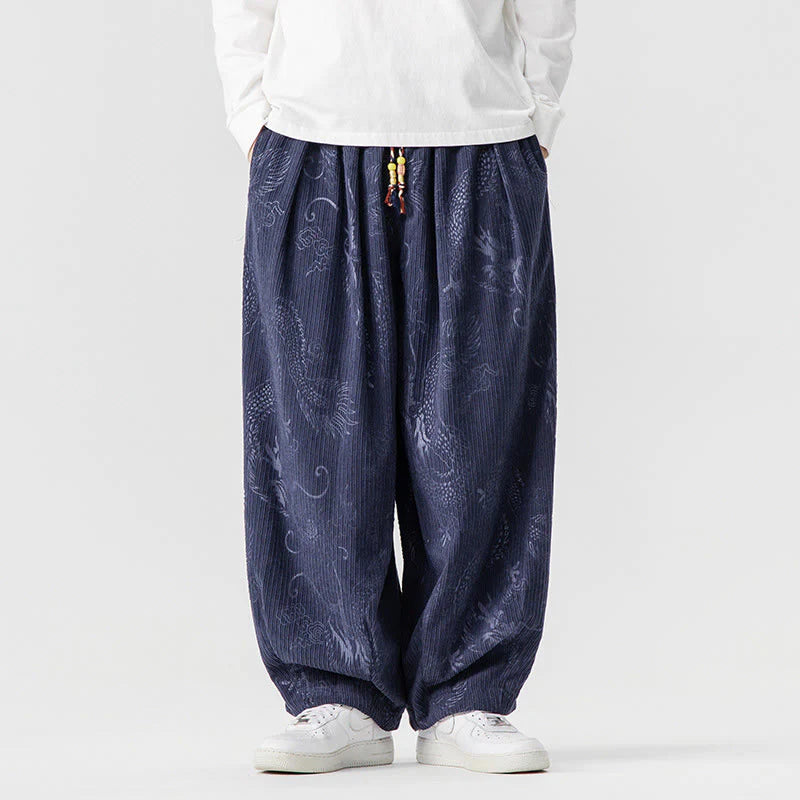 Buddha Stones Winter Dragon Phoenix Pattern Cotton Corduroy Men's Harem Pants With Pockets