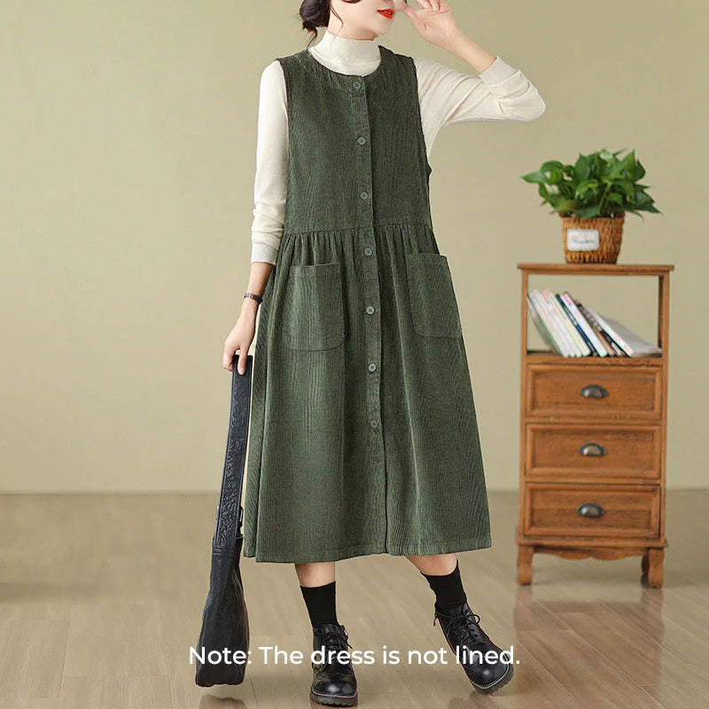 Buddha Stones Fall Retro Buttons Design Corduroy Sleeveless Midi Dress With Pockets