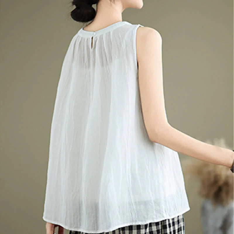 Buddha Stones Summer Wrinkles Simple Design Crew Neck Cotton Linen Women's Sleeveless Vest Waistcoat