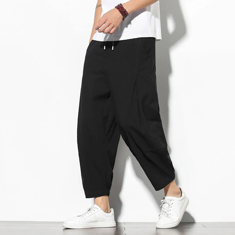 Buddha Stones Summer Men's 7-8 Length Cotton Linen Carrot Pants With Pockets