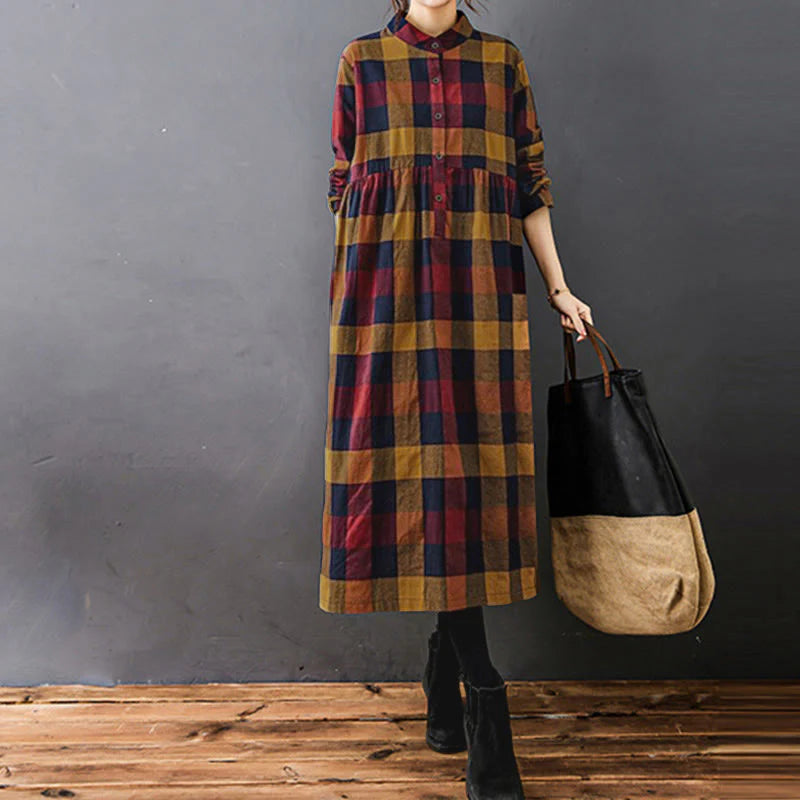 Buddha Stones Commute Patchwork Color Plaid Long Sleeve Cotton Midi Dress