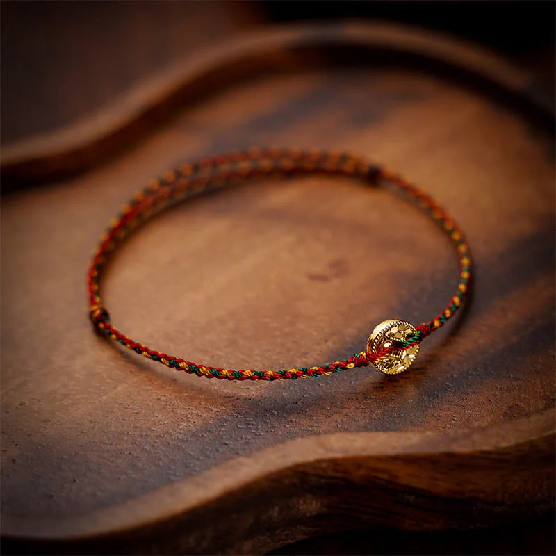 Buddha Stones Handmade Copper Coins Charm Connection Braided String Adjustable Bracelet Anklet