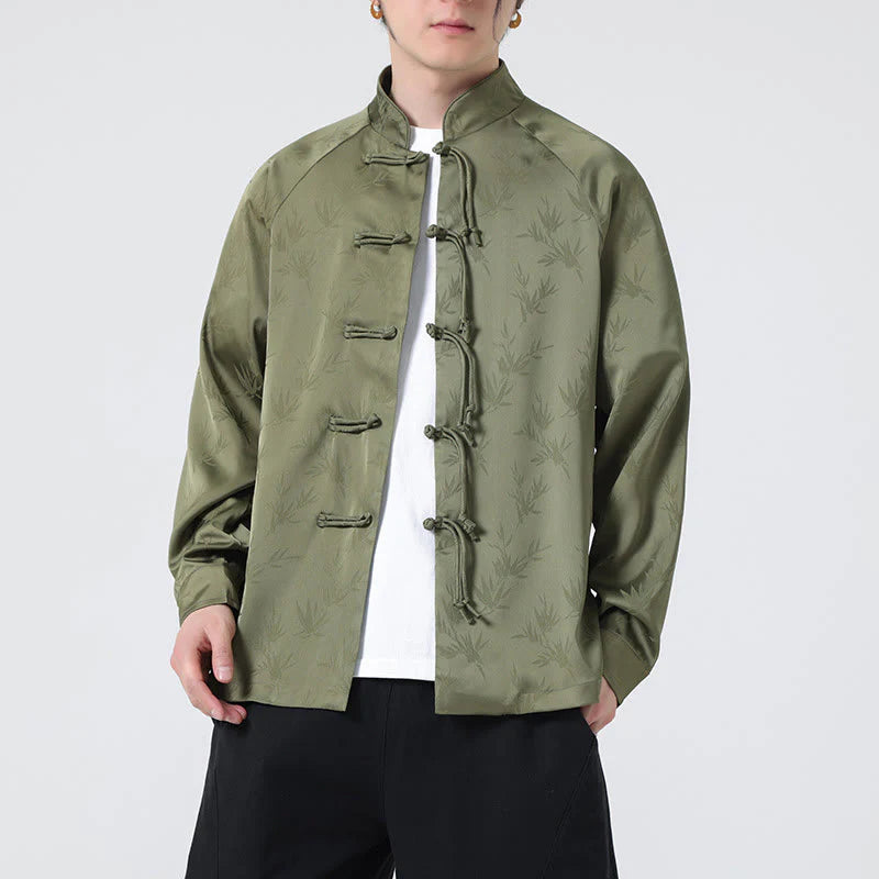 Buddha Stones Spring Jacquard Bamboo Leaves Pattern Chinese Frog-Button Design Men's Long Sleeve Shirt