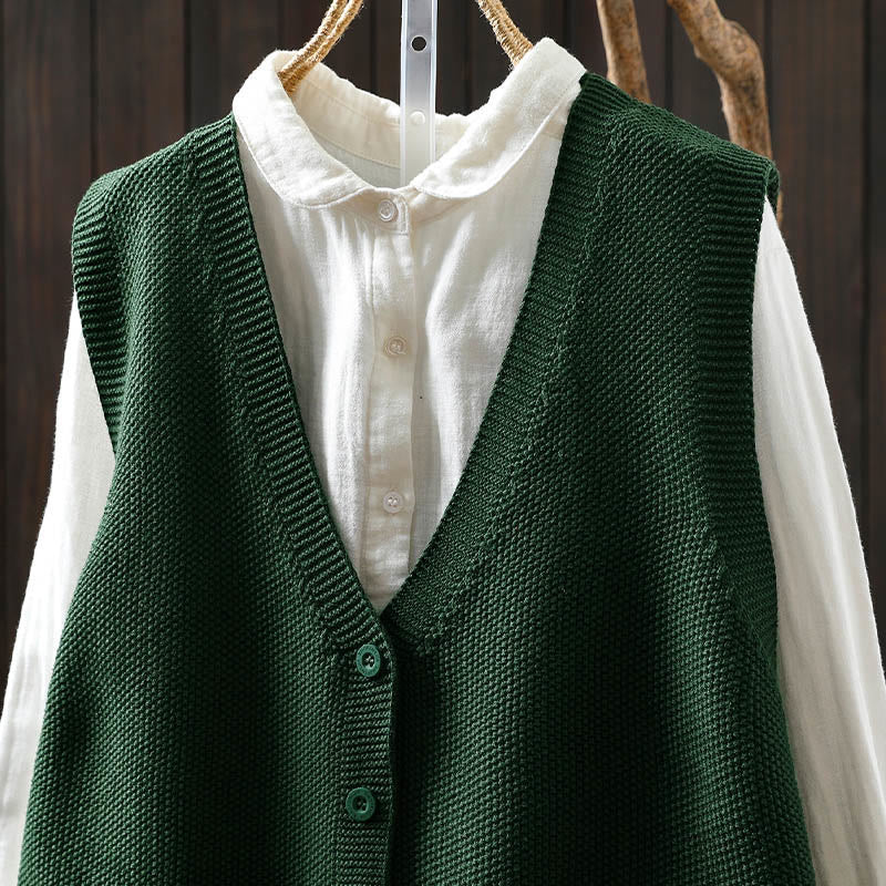 Buddha Stones Figure Rabbit Tree Embroidery Buttons Women's Sleeveless Cotton Knitted Vest Waistcoat