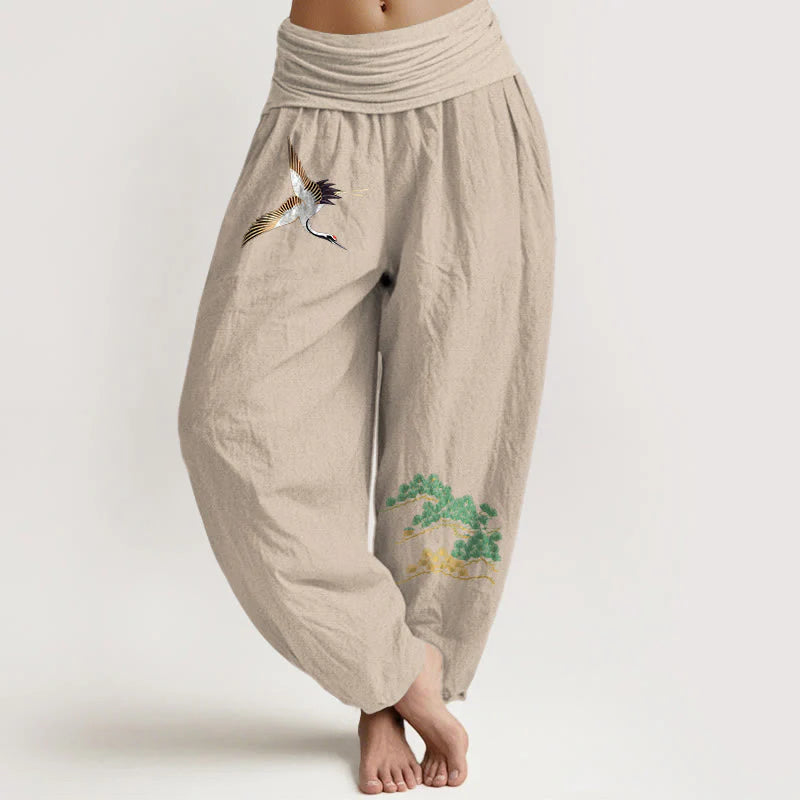 Buddha Stones Women's Pure Cotton Crane Pine Tree Pattern Elastic Waist Harem Pants