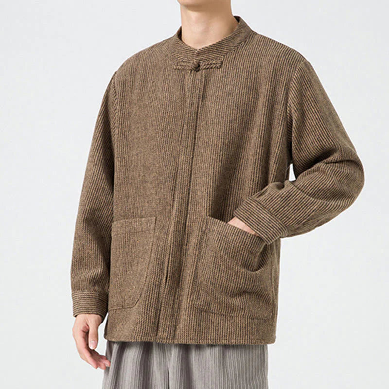 Buddha Stones Solid Color Frog-Button Long Sleeve Men's Cotton Corduroy Jacket With Pockets