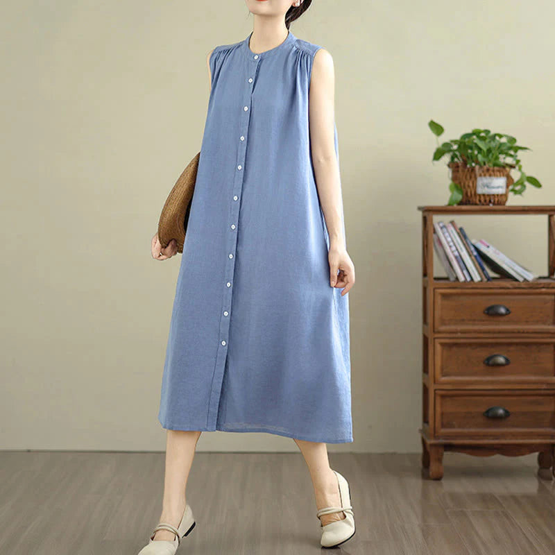 Buddha Stones Plain Single Breasted Pleated Design Sleeveless Cotton Linen Midi Dress