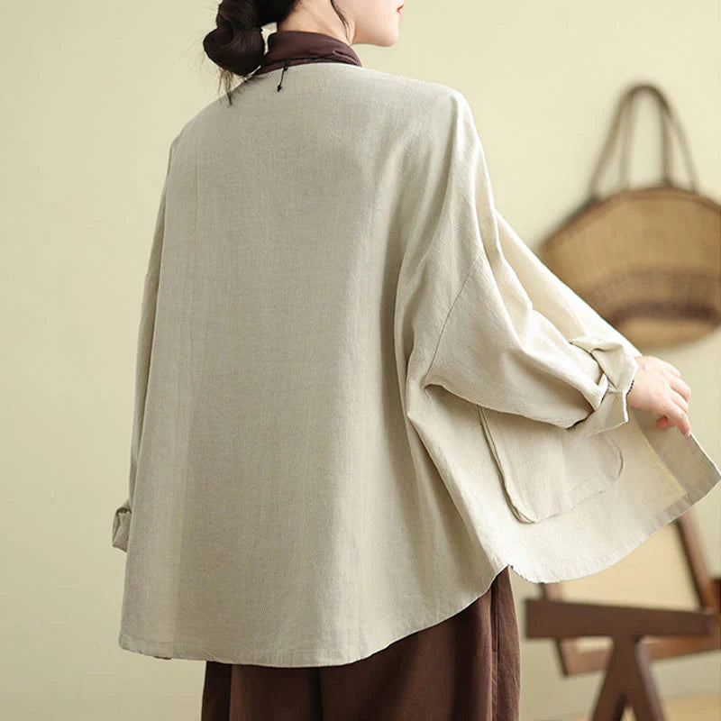 Buddha Stones Women's Long Sleeve Crew Neck Cotton Jacket With Pockets