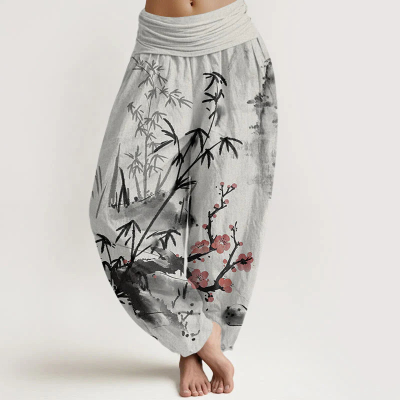 Buddha Stones Cotton Plum Blossoms Bamboo Orchids Chrysanthemums Pattern Women's Elastic Waist Harem Pants