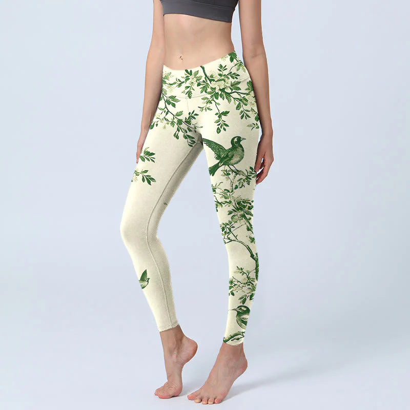 Buddha Stones Fresh Tree Flower Leaf Bird Pattern Print Gym Leggings Women's Yoga Pants