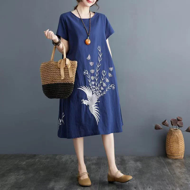 Buddha Stones Summer Printing Phoenix Pattern Short Sleeve Cotton Linen Midi Dress