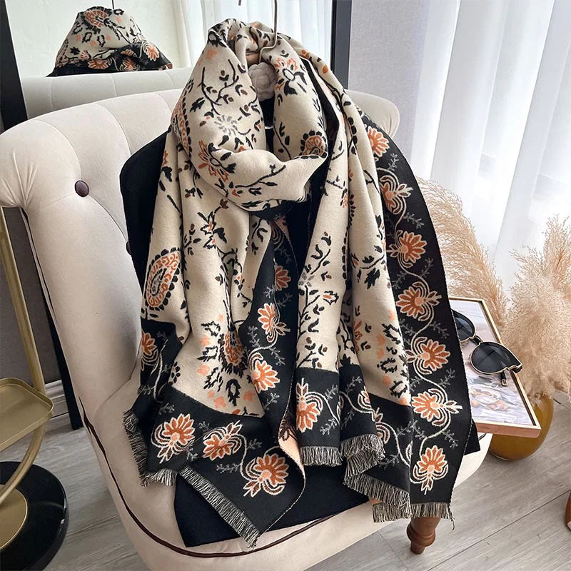 Buddha Stones Thickened Winter Paisley Flowers Vines Pattern Soft Scarf Shawl