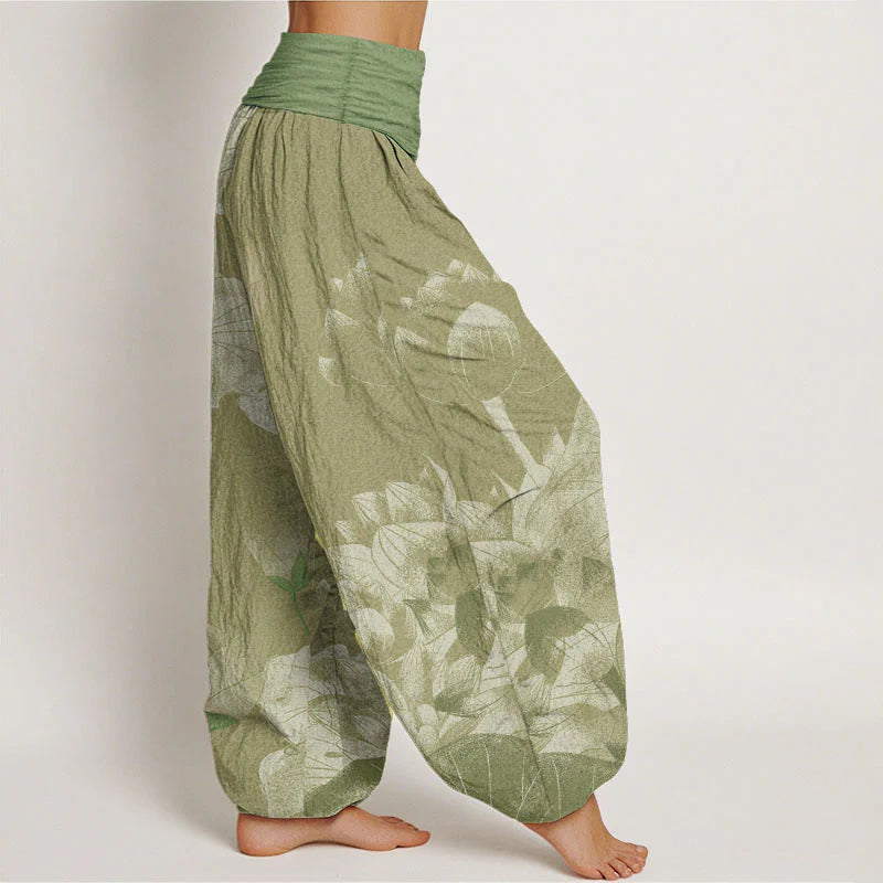 Buddha Stones Cotton Pink And White Lotus Women's Elastic Waist Harem Pants