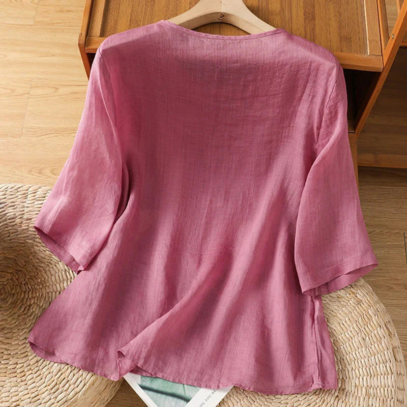 Buddha Stones Casual Embroidery Flowers Cotton Polyester Half Sleeve Women's Crew Neck Shirt