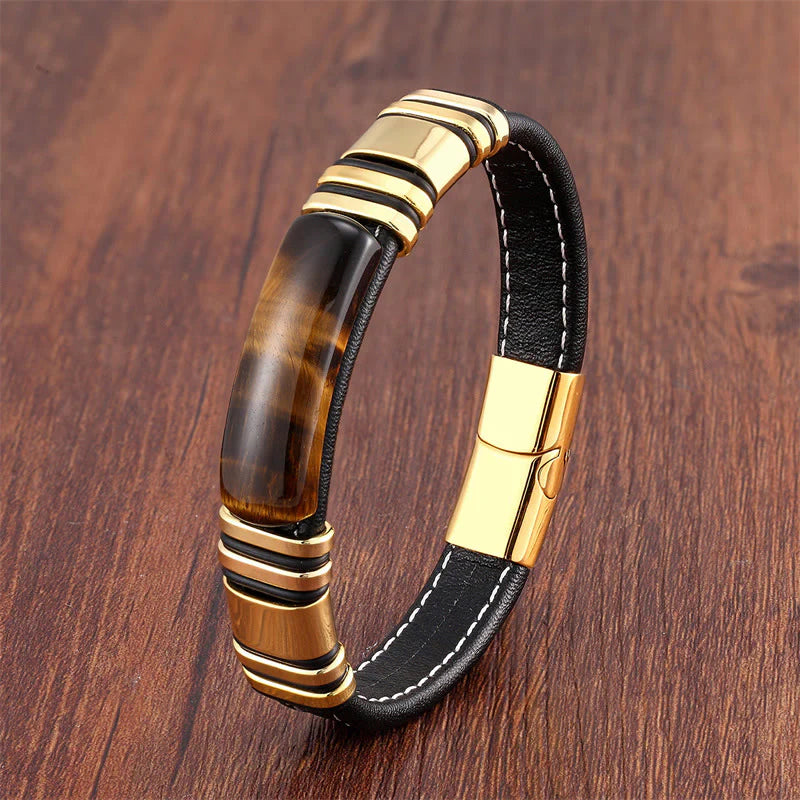 Buddha Stones Tiger Eye Stone Clear Thinking Leather Buckle Bracelet