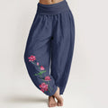 Buddha Stones Pure Cotton Lotus Flower Lotus Leaves Pattern Women's Harem Elastic Waist Pants