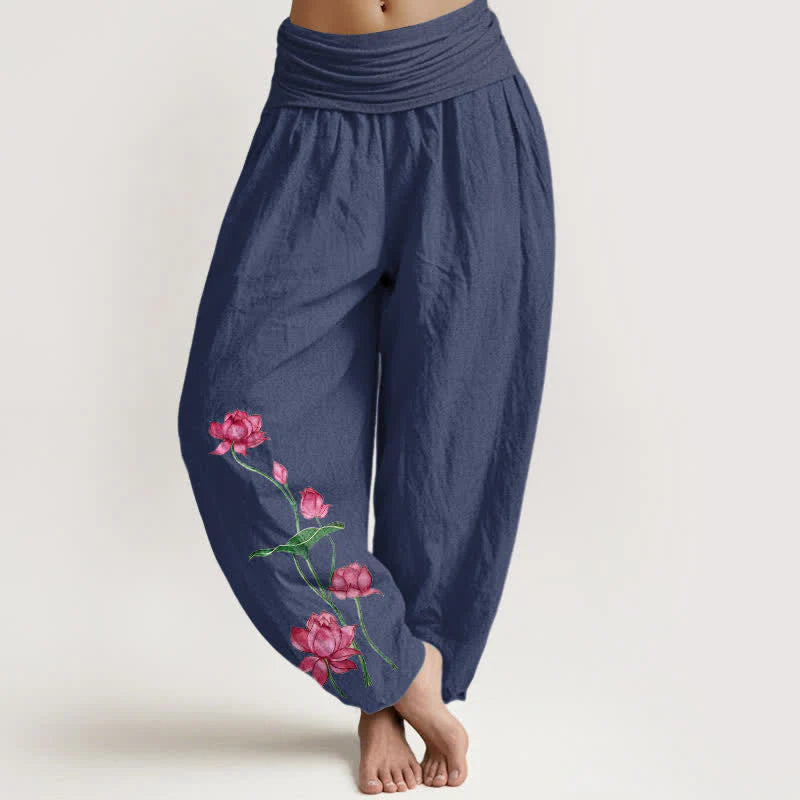 Buddha Stones Pure Cotton Lotus Flower Lotus Leaves Pattern Women's Harem Elastic Waist Pants