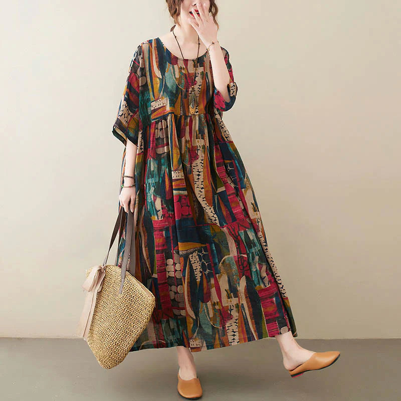 Buddha Stones Colorful Graphics Midi Dress Cotton Half Sleeve Tunic Dress With Pockets