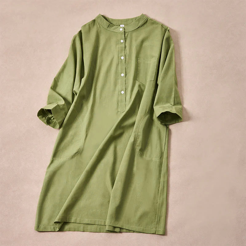 Buddha Stones Fall Solid Color Buttons Design Three Quarter Sleeve Cotton Women's Shirts With Pockets
