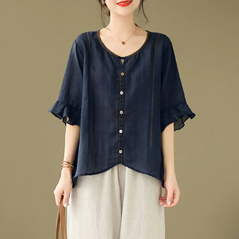 Buddha Stones Embroidery Buttons Crew Neck Flared Short Sleeve Women's Shirt
