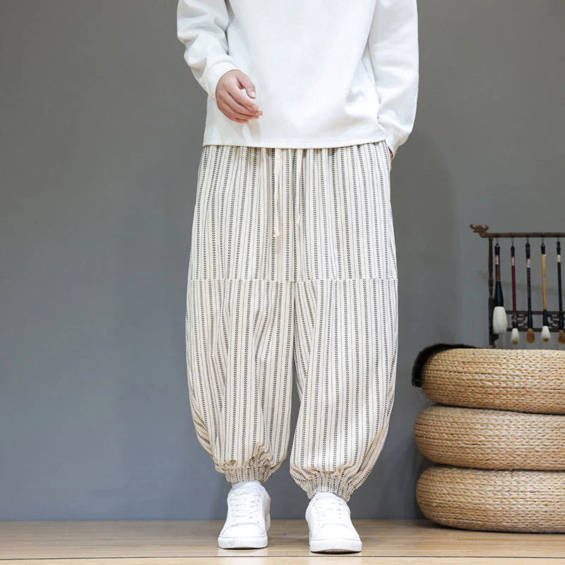 Buddha Stones Fall Striped Pattern Drawstring Men's Harem Corduroy Pants With Pockets
