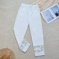 Buddha Stones Summer Daily FloralWhite Plain Patchwork Lace Design Cotton Linen Women's Pants With Pockets