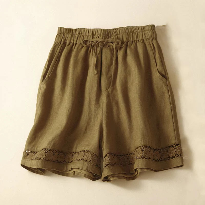 Buddha Stones Plain Color Bottom Hollow Lace Design Lace-up Cotton Women's Shorts With Pockets