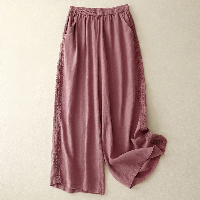Buddha Stones Plain Color Lace Stitching Cotton Linen Women's Wide Leg Pants With Pockets