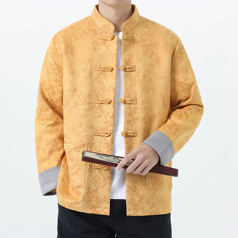 Buddha Stones Fall Jacquard Bamboo Frog-button Long Sleeve Men's Cotton Jacket With Pockets