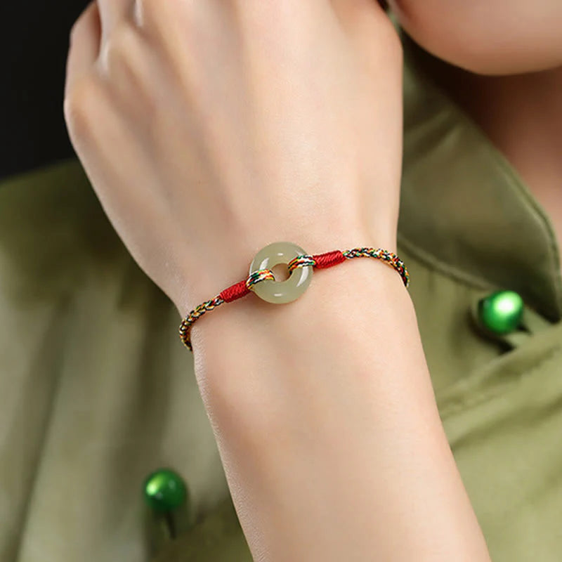 Buddha Stones Handmade Peace Buckle Jade Prosperity Colorful Rope Bracelet