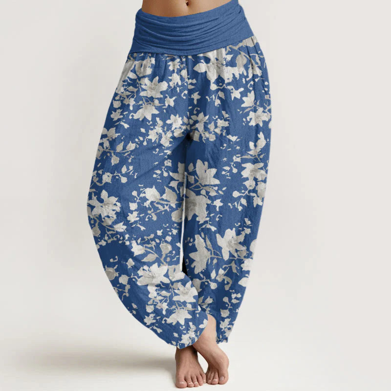 Buddha Stones Cotton Leaves Design Women's Elastic Waist Harem Pants