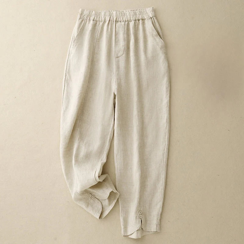 Buddha Stones Summer Solid Color Side Button Design Cotton Linen Women's Harem Pants With Pockets