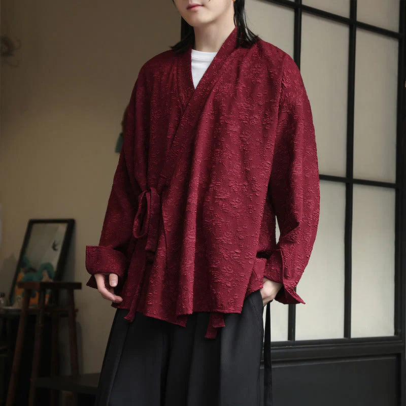 Buddha Stones Spring V-Neck Floral Men's Lace-up Design Long Sleeve Shirt