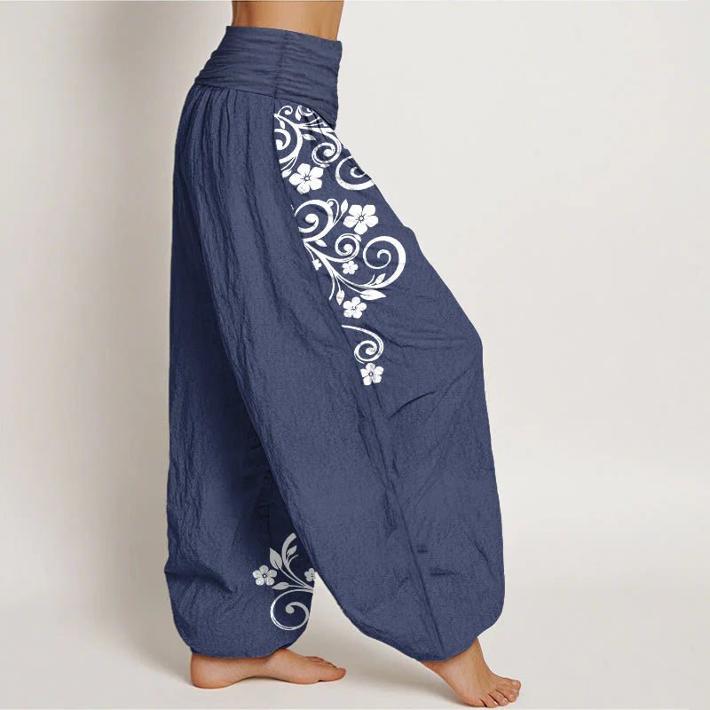 Buddha Stones Pure Cotton Elegant Vine Flower Pattern Women's Elastic Waist Harem Pants
