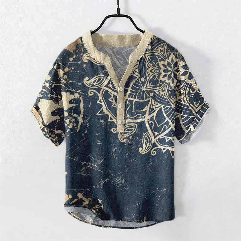 Buddha Stones Cotton Lotus Mandala Emblem Men's Short Sleeve Half Button Shirt