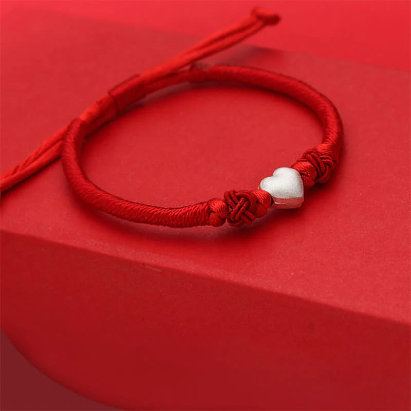 Buddha Stones 999 Sterling Silver 3D Heart Design Red String Connection Bracelet