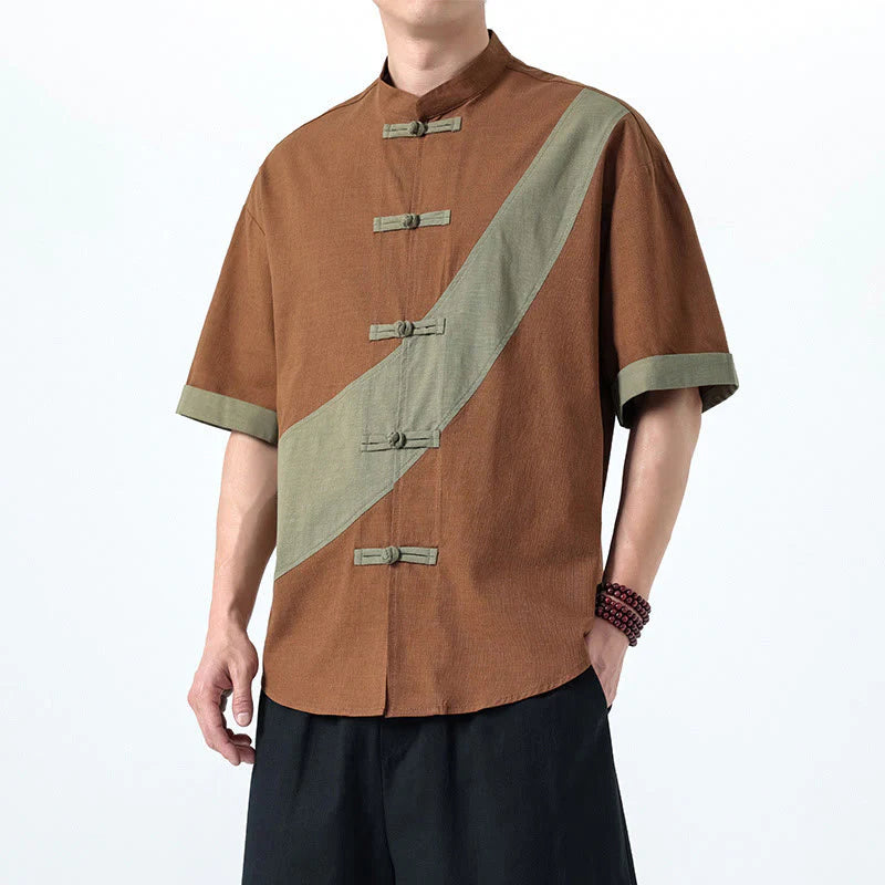 Buddha Stones Spring Color Contrast Chinese Frog-Button Design Men's Half Sleeve Cotton Linen Shirt