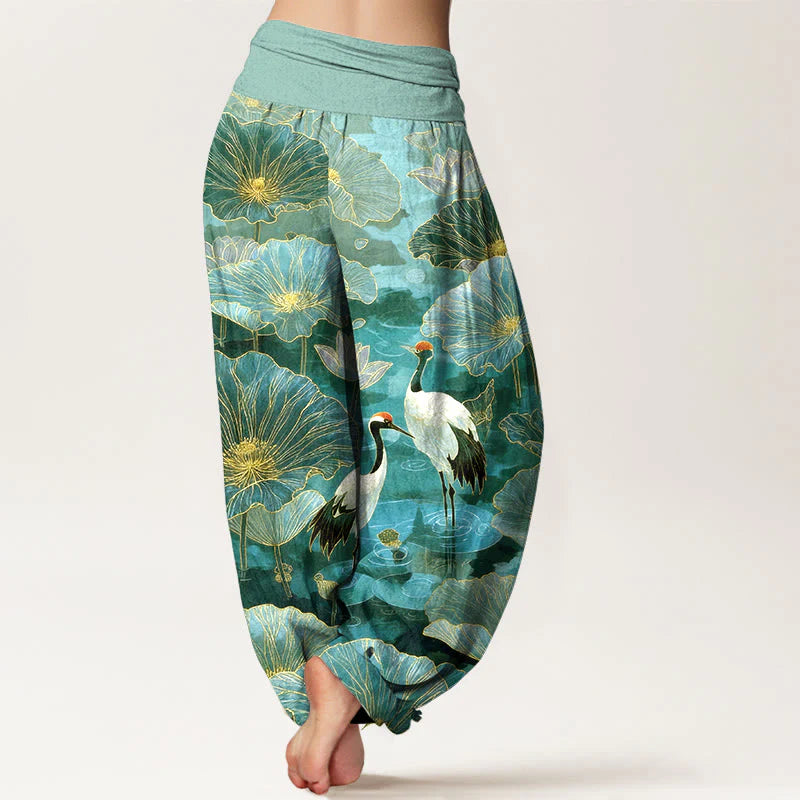 Buddha Stones Pure Cotton Elegant Crane Lotus Flower Leaf Pattern Women's Elastic Waist Harem Pants