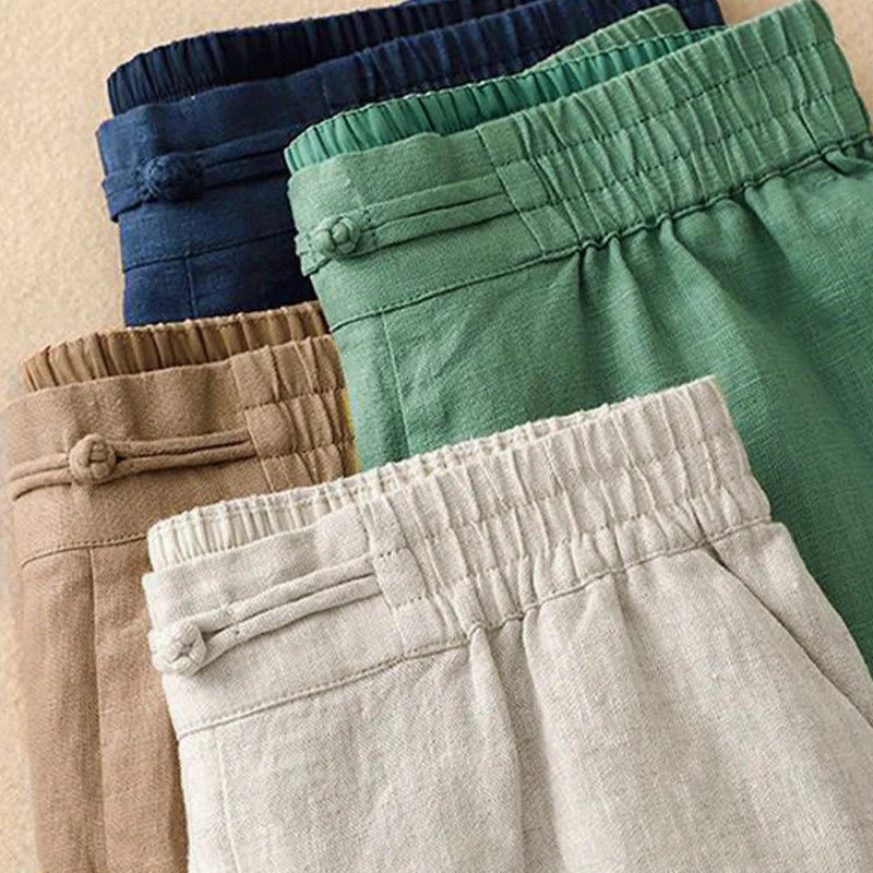 Buddha Stones Daily Solid Color Elastic Waistband Frog-Button Cotton Women's Wide Leg Pants With Pockets