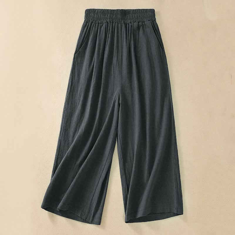 Buddha Stones High Waist Capri Cropped Women's Wide Leg Cotton Pants With Pockets