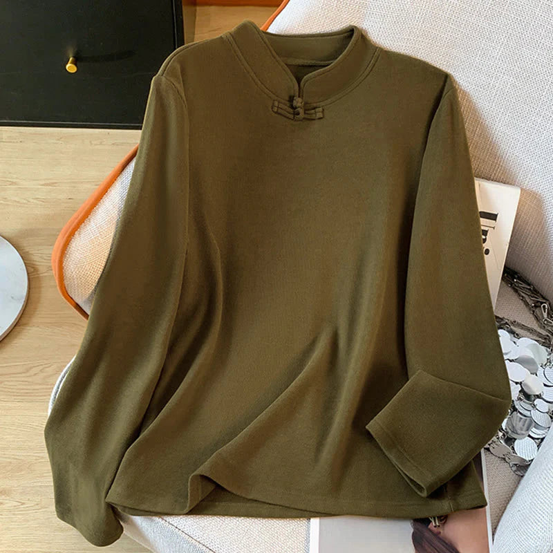 Buddha Stones Spring Solid Color Stand Collar Frog-button Design Women's Cotton Long Sleeve Shirt