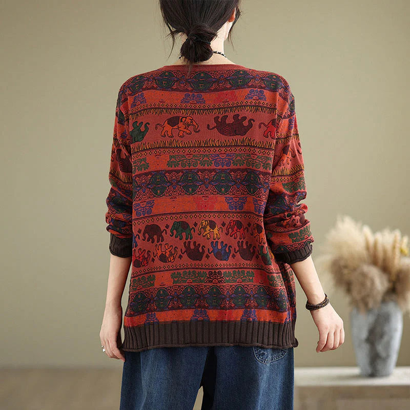 Buddha Stones Fall Elephant Pattern Knitted Cotton Women's Long Sleeve Sweater With Pockets