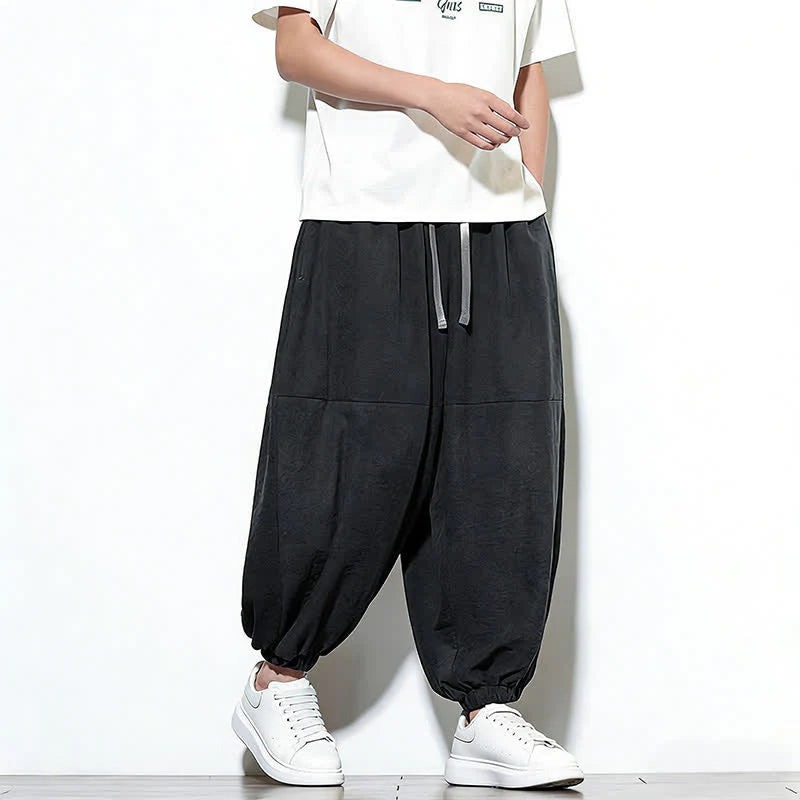 Buddha Stones Spring Solid Color Drawstring Cropped Men's Harem Cotton Pants With Pockets