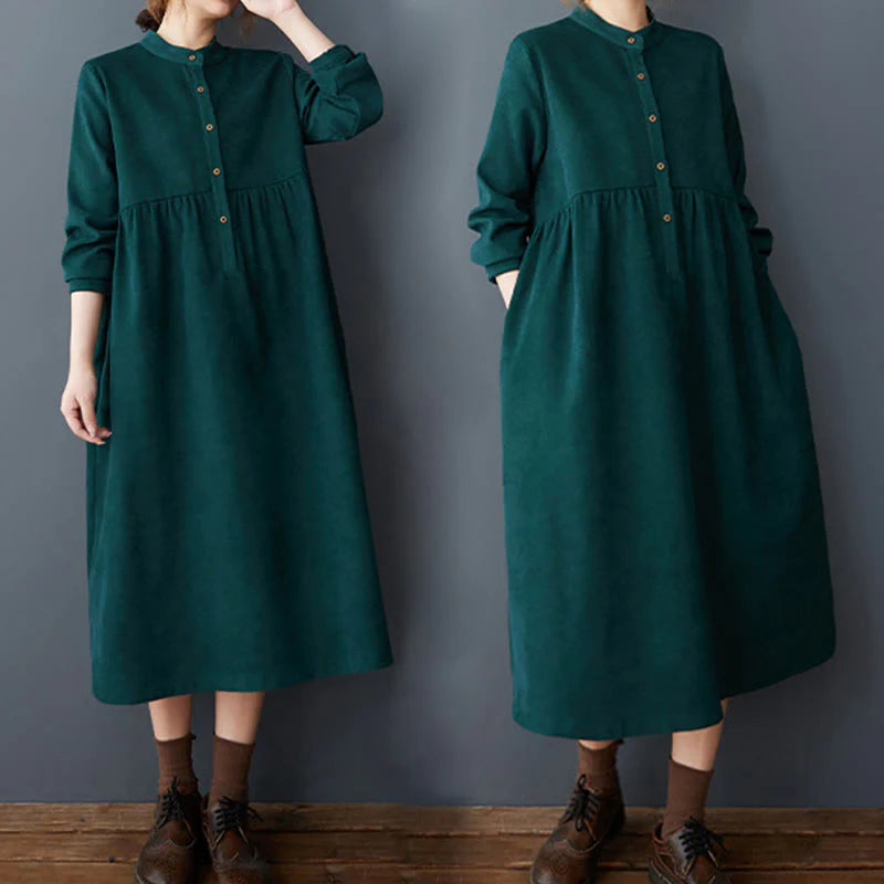 Buddha Stones Plain Buttons Design Thermal Cotton Linen Long Sleeve Midi Dress With Pockets