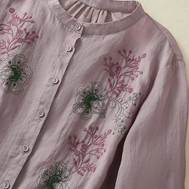 Buddha Stones Embroidery Pleated Design Stand Collar Three Quarter Sleeve Side Slit Hem Women's Cotton Shirt