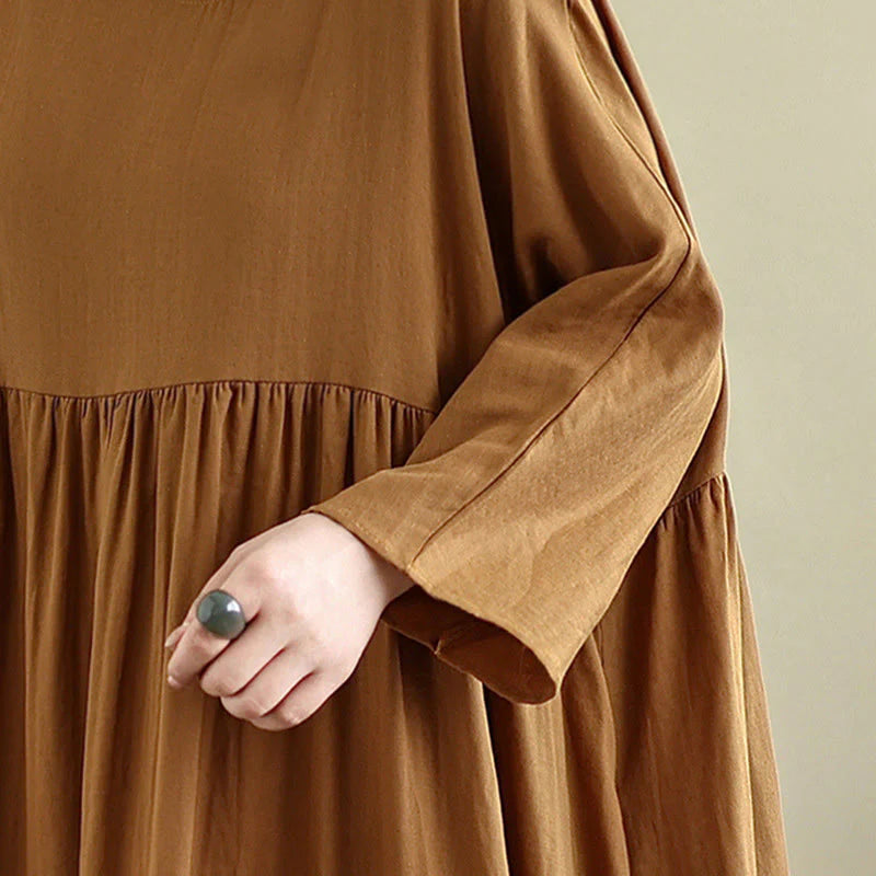 Buddha Stones Fall Hoodie Design Long Sleeve Cotton Linen Midi Dress With Pockets