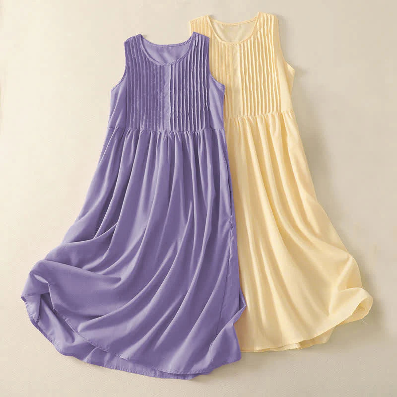 Buddha Stones Summer Pure Color Accordion Pleats Sleeveless Knee Length Dress With Pockets